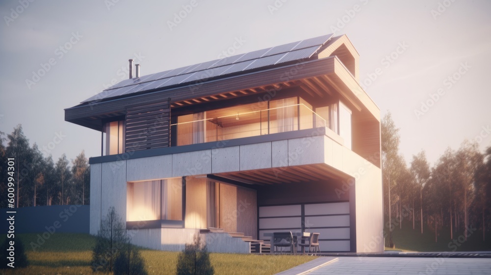 Fototapeta premium Modern house with solar panels on the roof, alternative energy, solar energy Generative AI