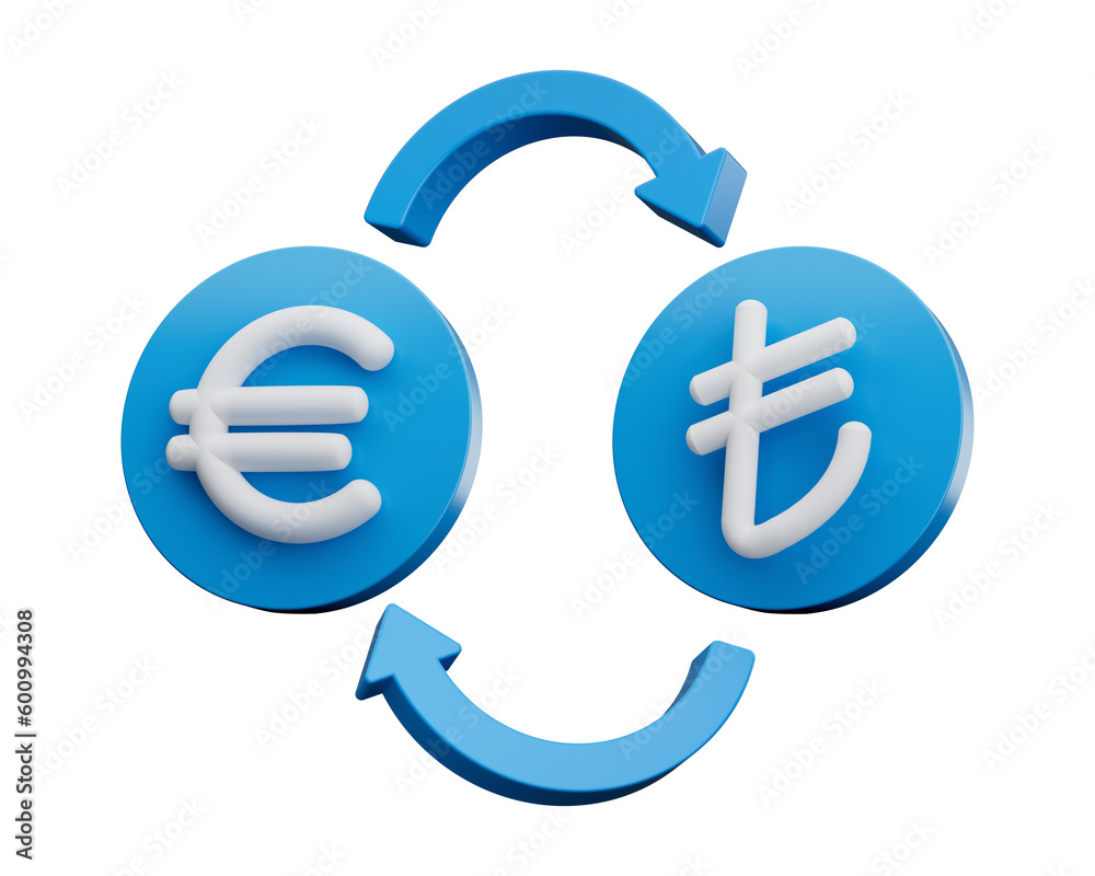 Fototapeta premium 3d White Euro And Lira Symbol On Rounded Blue Icons With Money Exchange Arrows, 3d illustration