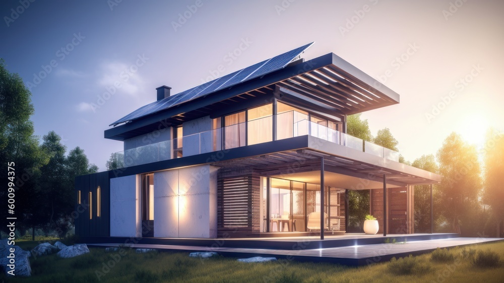 Modern house with solar panels on the roof, alternative energy, solar energy Generative AI