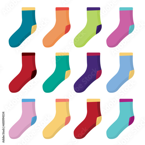 set of children and adult unisex socks. colorful bright socks. flat simple cartoon objects.
