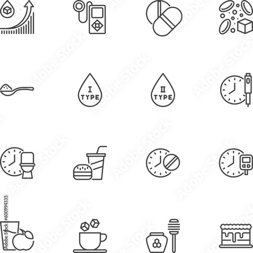 Diabetes related line icons set