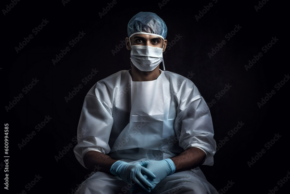 Medicine and profession. Male doctor in protective facial mask and uniform. Generative AI.