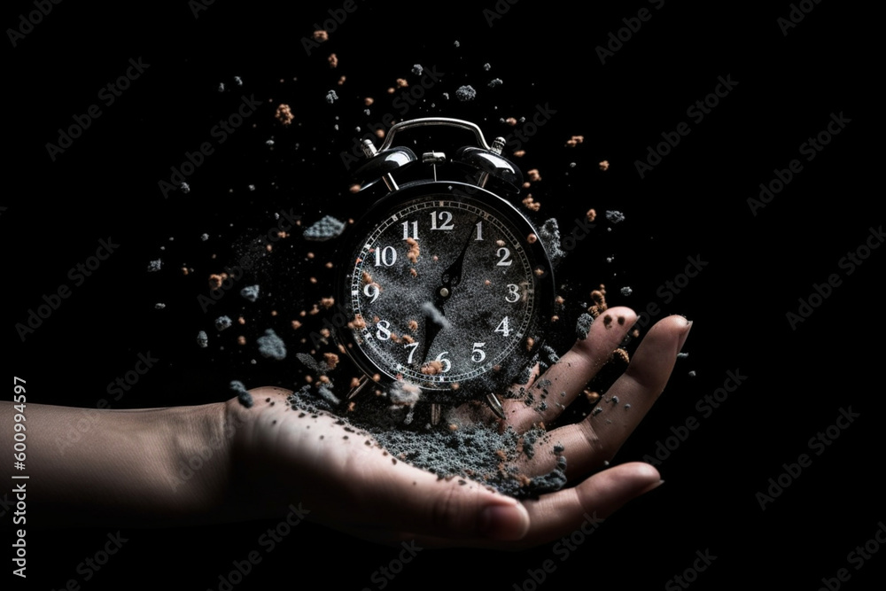 Concept of passing away, the clock breaks down into pieces. Hand