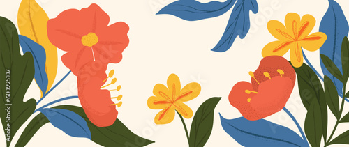 Colorful floral and botanical background vector. Abstract wallpaper of flower, leaf, branches with grunge texture. Exotic plants in summer tone for banner, prints, decor, wall art.