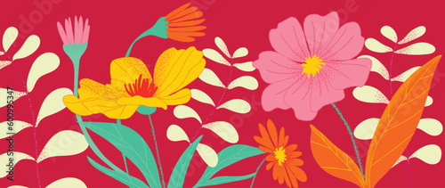Colorful floral and botanical background vector. Abstract wallpaper of flowers, branches with contoured texture. Exotic plants in summer tone for banner, prints, decor, wall art.