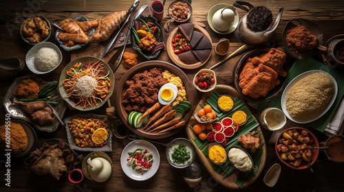 Table with a lot of food, top view © Sophian