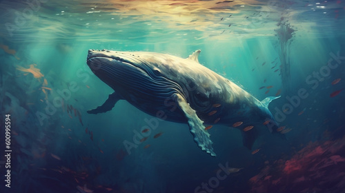 Abstract illustration of blue whale in a submerge water environment. Generative AI