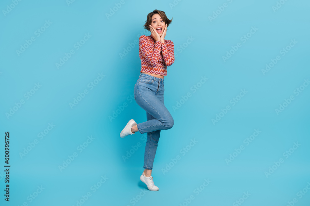Full length photo of sweet impressed lady wear pink shirt smiling open mouth arms cheeks isolated blue color background Full length photo of sweet impressed lady wear pink shirt smiling open mouth arms cheeks isolated blue color background
