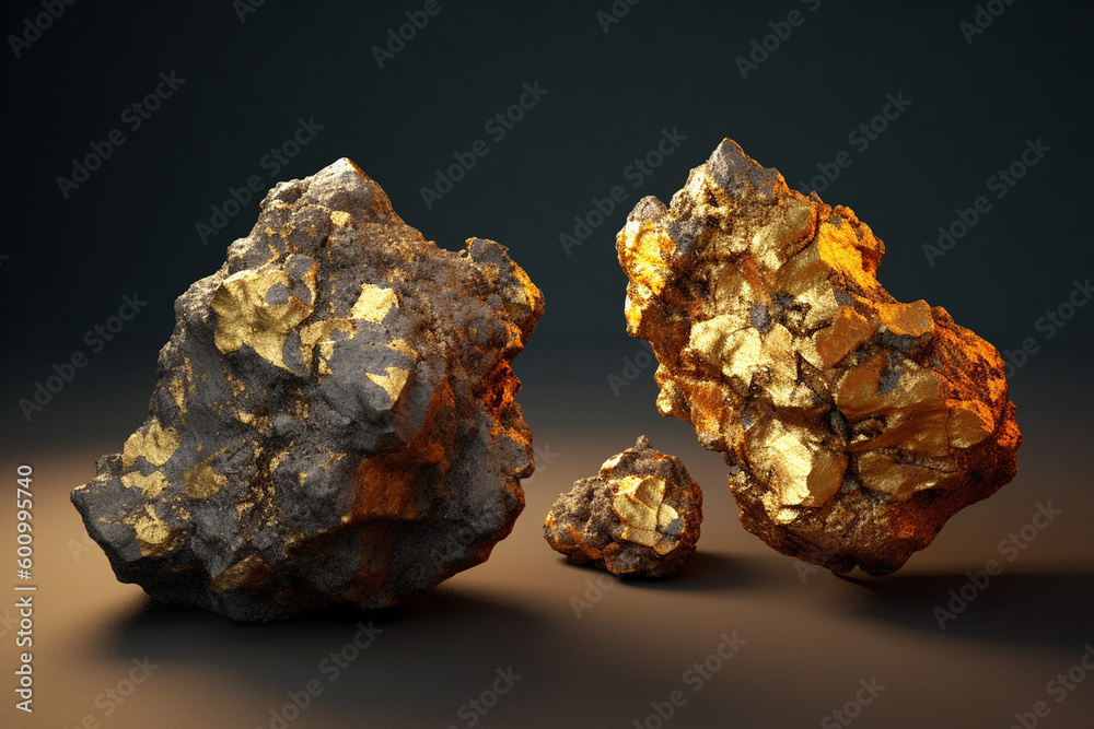A large, jagged stone lump of gold. The concept of gold mining and prospecting. AI generator illustration.
