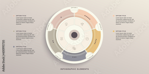 Business process chart infographics with 5 step circles. Round workflow graphic elements. Company flowchart presentation slide. Vector info graphic in flat design