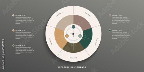 Business process chart infographics with 5 step circles. Round workflow graphic elements. Company flowchart presentation slide. Vector info graphic in flat design