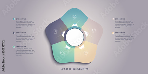 Business process chart infographics with 5 step circles. Round workflow graphic elements. Company flowchart presentation slide. Vector info graphic in flat design