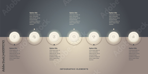 Business process chart infographics with 7 step circles. Round workflow graphic elements. Company flowchart presentation slide. Vector info graphic in flat design
