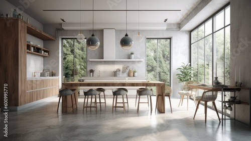 Large bright living room with a kitchen, marble elements, a large number of chairs, large windows, a view of the garden from the windows. Generative AI © Georgii