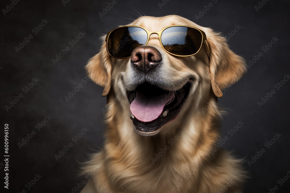 Happy dog with sunglasses. Portrait of smiling dog wearing sunglasses. Happy pet concept. Generative AI