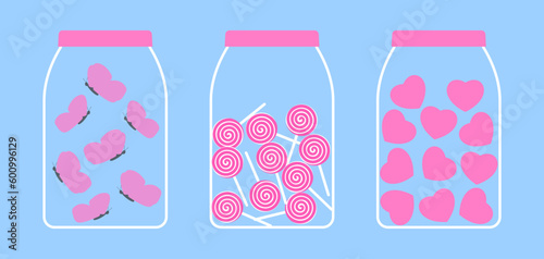 Set of jars with butterflies, lollipops and hearts. Awesome cute vector illustration. Cool flat clip art. Icons for greeting cards, stickers