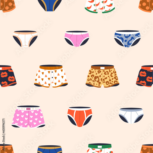 Men underwear, seamless pattern. Panties and boxers, endless background. Unde...