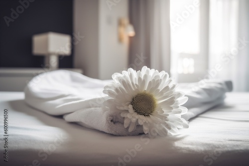 spa towel comfortable window bath flower welcome modern bed bedchamber. Generative AI.