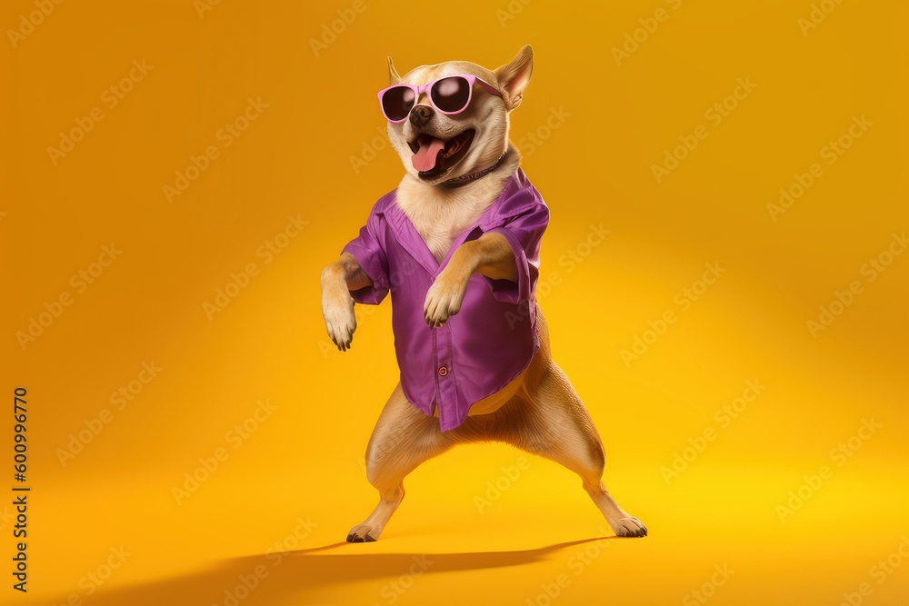 Cute Dog with sunglasses dancing isolated on yellow background. Generative AI