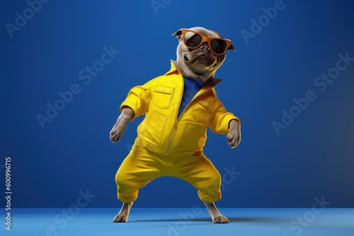 Cute Dog with sunglasses dancing isolated on blue background. Generative AI © CYBERUSS