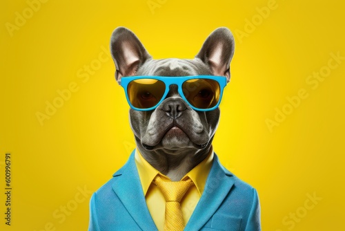 Dog wearing sunglasses isolated on yellow background. Generative AI © CYBERUSS