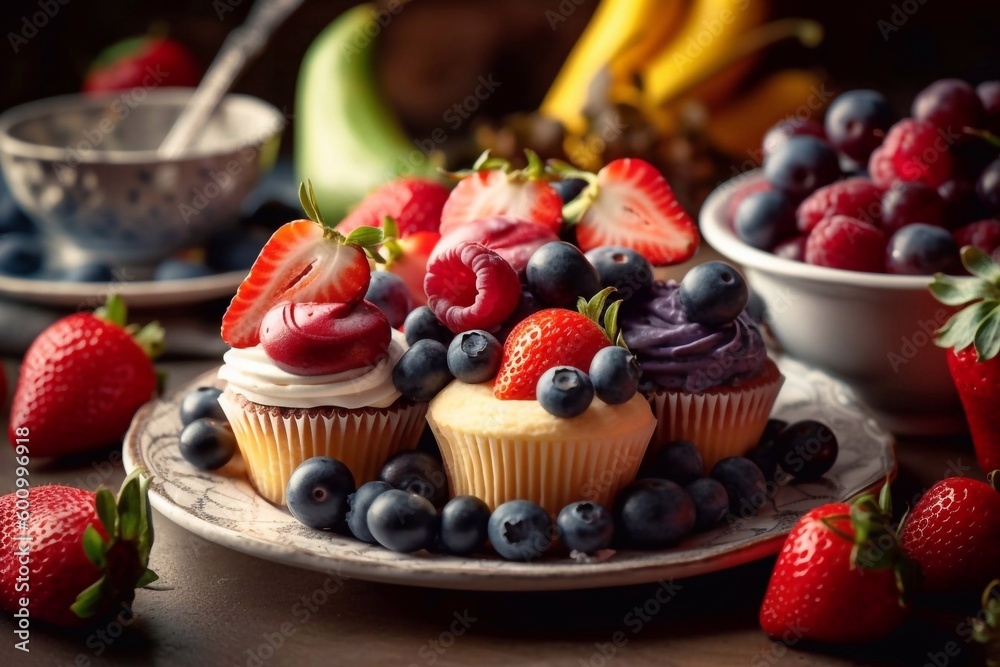 Delicious cupcaked with fresh berries in plate on wooden table. AI generated Delicious cupcaked with fresh berries in plate on wooden table. AI generated