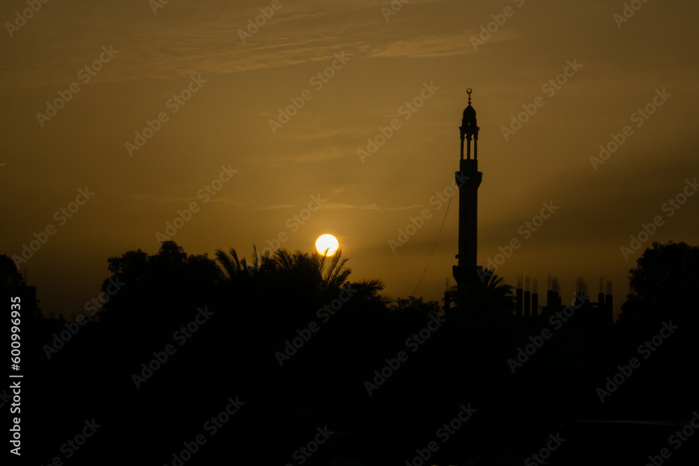 Tramonto del sole in Egitto, dietro le palme e un minareto