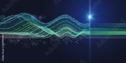 Abstract background polygonaly wavy in web grid with blurred lines and spot. Big Data. Technology wireframe interlacement concept in virtual space. Banner for business, science and technology