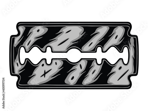Vintage Retro woodcut linocut engraving barber shop element. Dangerous razor blade. Can be used for logo, emblem, badge, mark, poster design. Monochrome Graphic Art. Vector