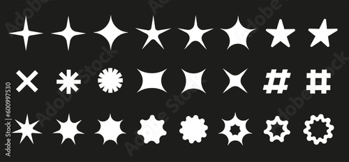 Set of trendy black and white Y2K stars and other symbols, vector design elements in retro 2000s aesthetic.