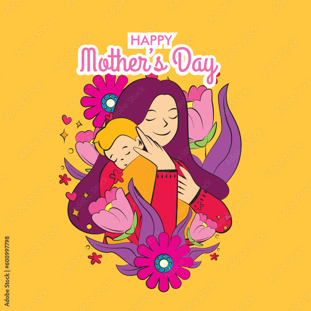 mother's day illustration with mom hug baby and floral frame mother's day illustration with mom hug baby and floral frame