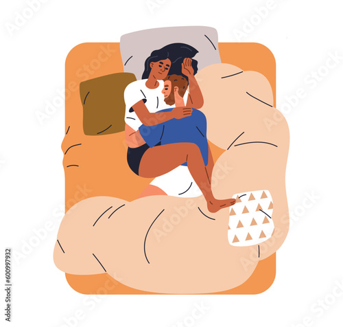 Love couple sleeping in bed, top view. Woman cuddling man, dreaming together. Asleep girl, guy valentines hugging. Sweet sleepy lovers embracing. Flat vector illustration isolated on white background