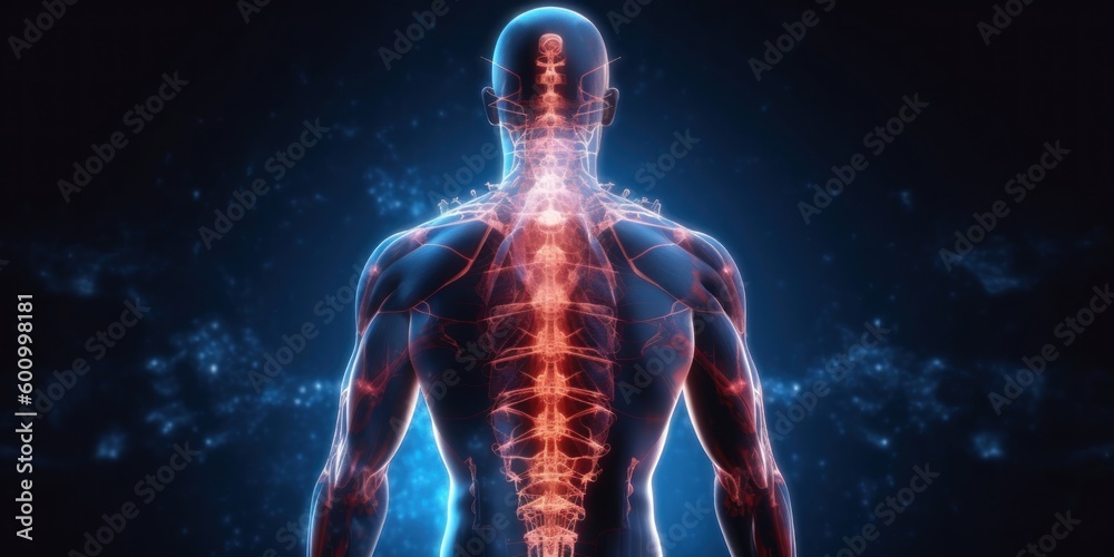 Human body back pain, Augmented reality discomfort of spine trauma. Generative AI