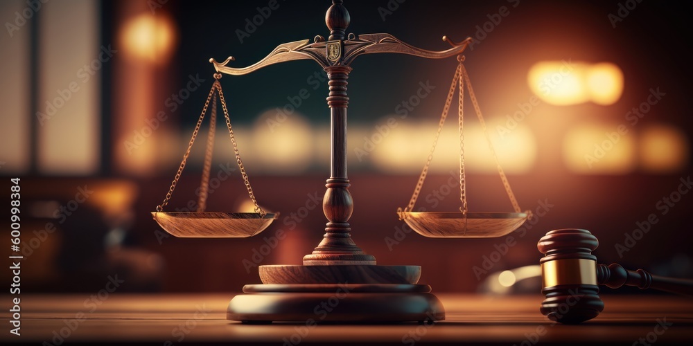Scales of justice, Symbol of justice in the courtroom background. Generative AI