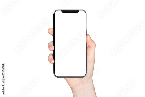 Isolated modern smartphone in woman hand. Cut out mobile phone with transparent screen and background
