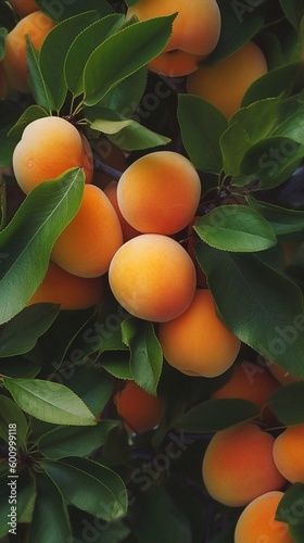  Ripe apricots branch with leaves background with ai generative