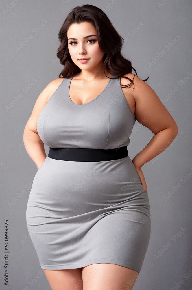 Beauty curve plus size woman in a gray mini dress on a gray background.Digital creative designer art.AI illustration Beauty curve plus size woman in a gray mini dress on a gray background.Digital creative designer art.AI illustration