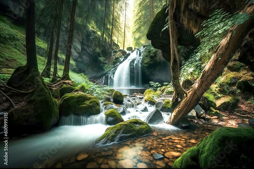 Jungle waterfall cascade in tropical rainforest. Waterfall in the forest. Drawing waterfall. Generative AI