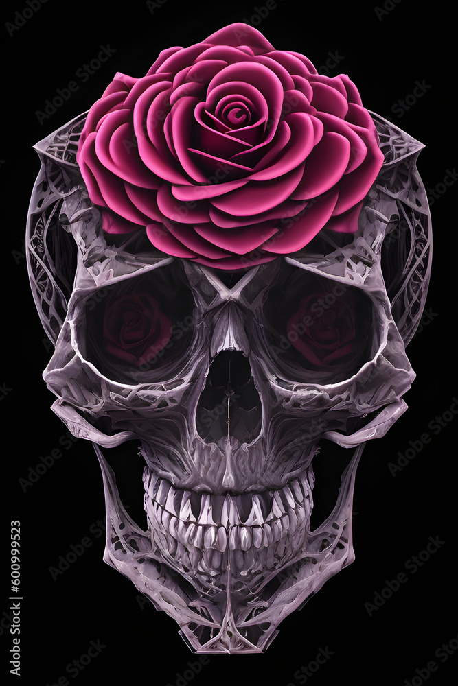 ai-generated illustration of a skull and pink roses intertwined ai-generated illustration of a skull and pink roses intertwined