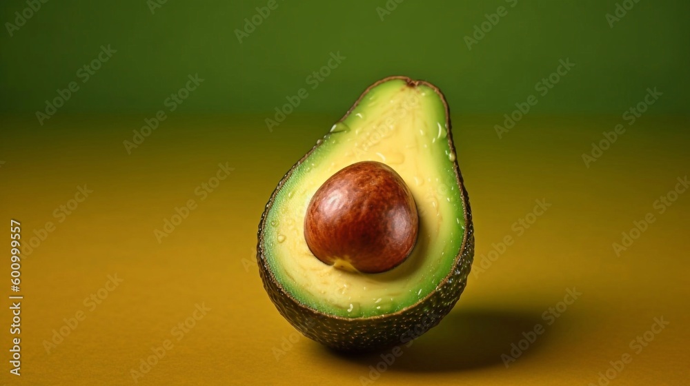 Cut fresh ripe avocado on green background, ai generated