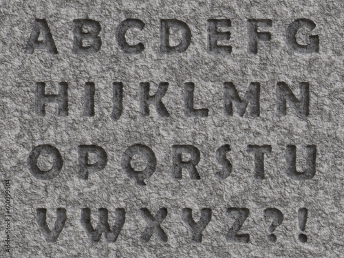 carved stone full alphabet, letters in stone,  characters, question mark 3D render