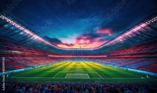 Soccer or Football stadium with green field background. Generative AI © CYBERUSS