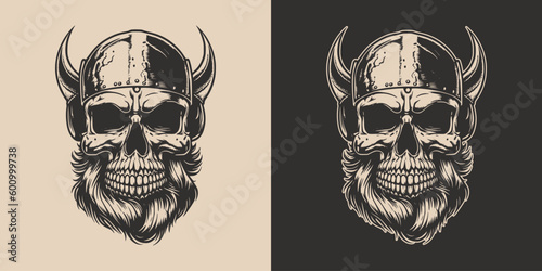 Set of vintage retro scary skull. Can be used like emblem, logo, badge, label. mark, poster or print. Monochrome Graphic Art. Vector. Hand drawn element in engraving