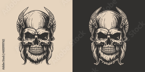 Set of vintage retro scary skull. Can be used like emblem, logo, badge, label. mark, poster or print. Monochrome Graphic Art. Vector. Hand drawn element in engraving