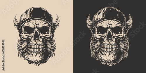 Set of vintage retro scary skull. Can be used like emblem, logo, badge, label. mark, poster or print. Monochrome Graphic Art. Vector. Hand drawn element in engraving © Graphic Warrior