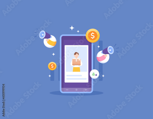 affiliate marketing, digital marketing, advertising management. invite friends or refer a friend. using affiliates to promote products and attract or gain new customers. illustration concept design