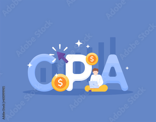 CPA Marketing. Cost per action. online marketing strategy. get a commission from every action performed by user. payments and income from the internet. illustration concept design. vector elements