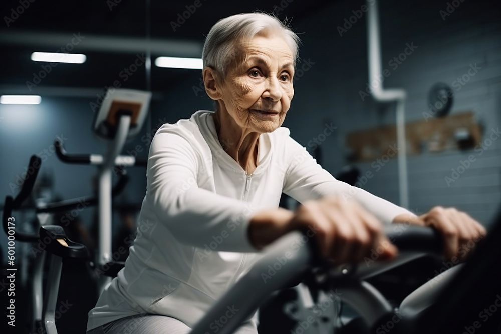 Portrait of an elderly woman training on a simulator in a gym. Illustration of Generative AI Portrait of an elderly woman training on a simulator in a gym. Illustration of Generative AI