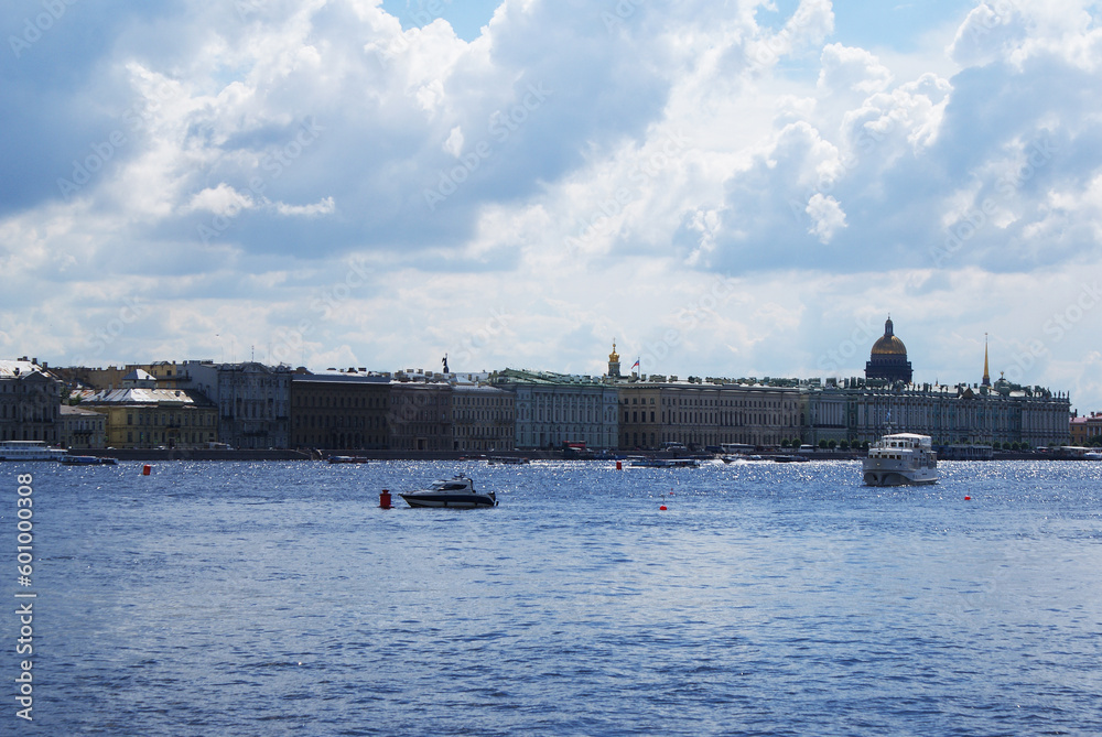 Fototapeta premium Pleasure boat sailing on the river, river channels, walks for tourists, Vacation.