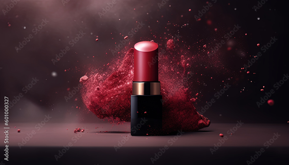 Close up with red lipstick lockup, floating powder and gradient background - obrazy, fototapety, plakaty 